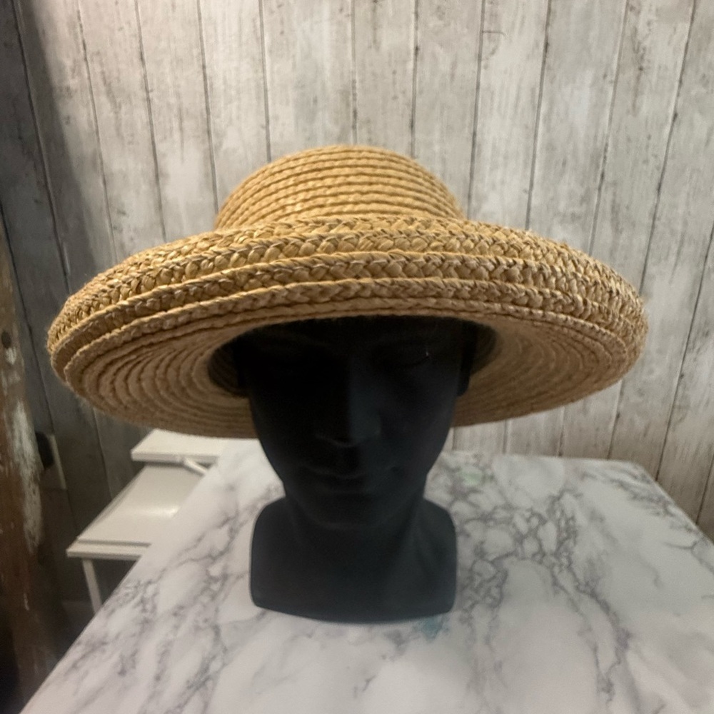 KATHY JEANNE Hat Straw Wide Brim Sun Beach Hat Excellent Natural